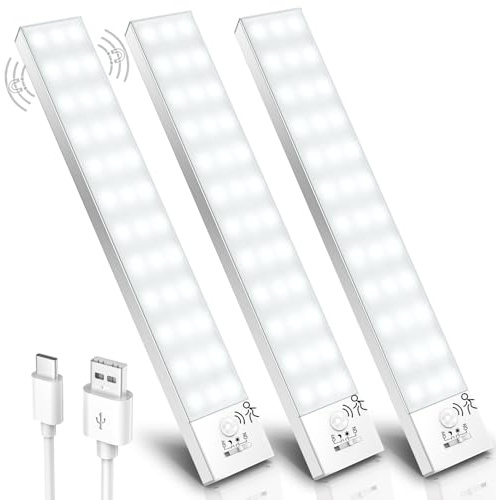 Schrankbeleuchtung LED Unterbauleuchte Küche LED Leiste mit Bewegungsmelder 3 Stück Schranklicht Schrankleuchte Batterie USB Akku Lampe Schrankleuchten Kabellos für Kleiderschrank/Treppe/Kofferraum/RV