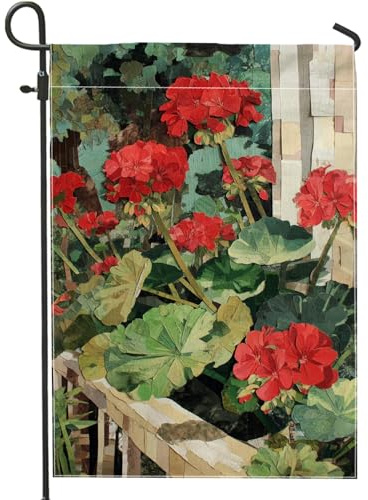 Bandiera da giardino floreale con geranio rosso vivace, bandiera estiva per esterni, bandiera decorativa per esterni, bandiera da cortile in tessuto su entrambi i lati, per la decorazione del prato