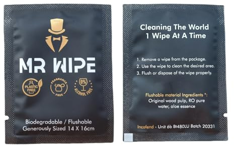 50pc MR WIPE Wet Wipes For Men Gent Individually Wrapped Travel Flushable Individual Packed Sachet Packet Biodegradeable Plastic Free Sensitive Skin Pure Water Hand Body Intimate Adult