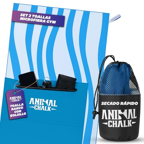 Kit 2 Toallas Microfibra Deportivas Ultraligeras Secado Rápido Gimnasio Ducha Enganche Antideslizante Bolsillo Cremallera Estuche Malla Hombre Mujer Compacta Portátil Diseño Moderno (Azul)