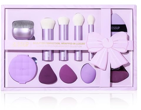Jessup Premium Makeup Gift Set for Women Teen Girl, 11Pcs Gift Box Kabuki Brush, Makeup Sponge, Powder Puff, Brush Cleaner Mat with Soap, Perfect Present for Birthday Graduation, Luxury Purple T885