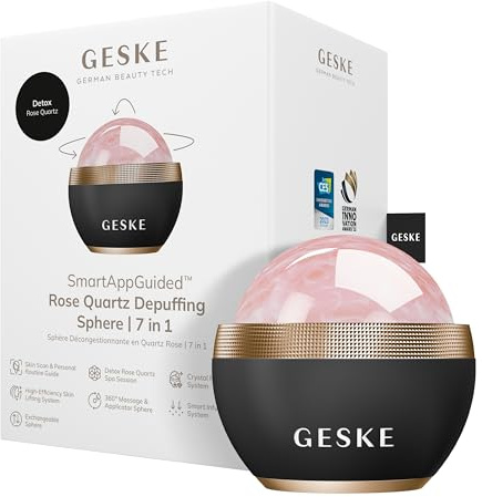 GESKE Rose Quartz Depuffing Sphere | 7 in 1 | Anti-Schwellungen | SmartAppGuided | Massagen für Gesicht, Hals & Dekolleté | Face Yoga | Rosenquarz-Gesichtsroller | Mit Serum-Behälter