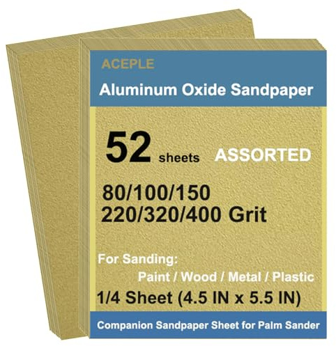 52Pcs Aluminum Oxide Sandpaper Variety Pack, 1/4 Sheet Sand Paper Assorted for Block Sander Wood Metal Wet Dry Sanding 80/100/150/220/320/400 Grits (4.5 x 5.5 Inch)