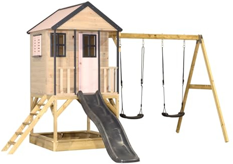 Wendi Toys M60PPG Cabane sur Pilotis avec Toboggan et Double Balançoire, Maison de Jeu en Bois FSC pour Enfants Jardin Extérieur, Plateforme 90 cm, Toboggan, Bac à Sable, Résistant aux Intempéries