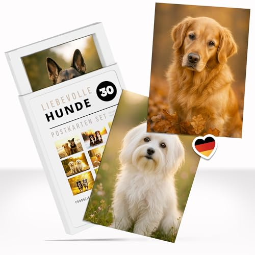 Einladungskarten Manufaktur Hamburg Postkarten Set Hunde - 30 niedliche Tierpostkarten mit Hunden für Büro, Freunde, Kinder, als Deko oder Geschenk Grußkarten mit praktischer Box