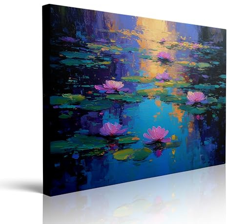 Impressionist Water Lilies Pond Canvas Wall Art Framed Painting Pink Lilies on Tranquil Water Textured Brushstrokes Blue Purple Hues Calming Wall Decor Artwork Print Poster 12x16 Inches