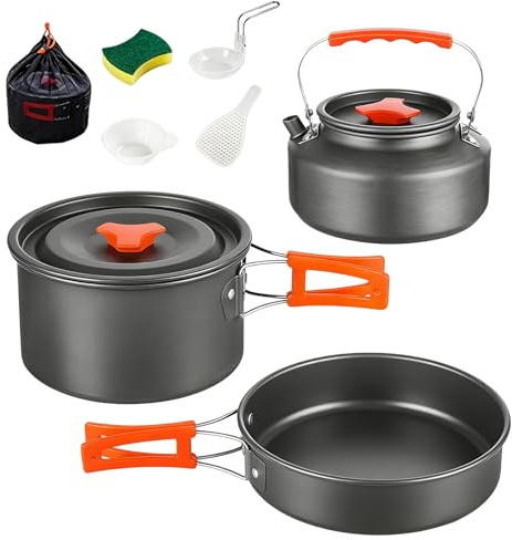 Camping Kochgeschirr Set, 10-teiliges Outdoor Geschirr Set für 2-5 Personen, Kochgeschirr Kit mit Camping Topf, Bratpfanne und Teekannen, Camping Kochtopf Set Aluminium für Outdoor Wandern Picknick
