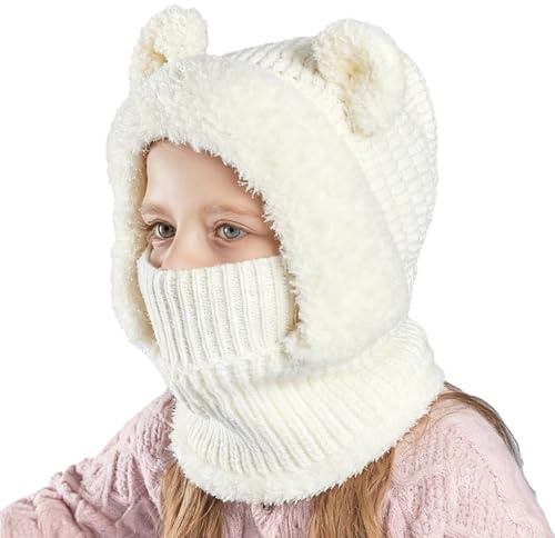 Berretto invernale con orecchie di orso 3D con copertura per il viso, cappello caldo per bambini, ragazzi, ragazze, bambini, ragazzi, viaggi, sci, escursionismo, snowboard, sport, ciclismo, bianco