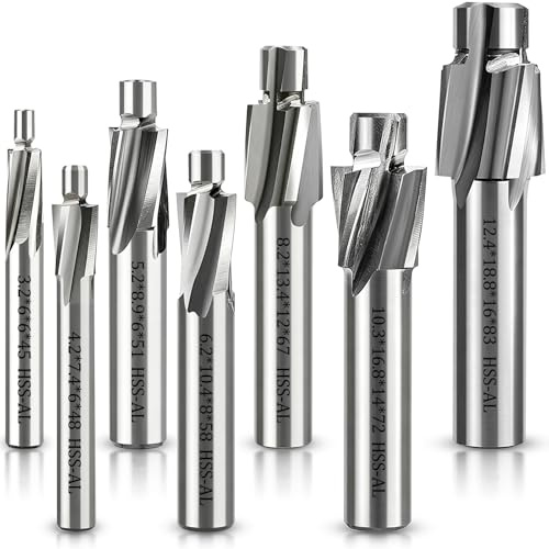 LOVLEX 7-teiliges HSS Zapfensenker-Set M3-M12, 4 Zähne Schaftfräser Flachsenker Senker, für Metall, Stahl, Aluminium, Edelstahl, Holz, Kunststoff, Kupfer, CNC Fräser