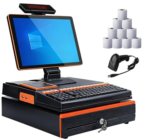 Intelligentes Kassensystem – All-in-One Epos Für Einzelhandel, Ein/Doppelter Bildschirm, Intel Core I5, 8 +128 GB , 58-Mm-Bon-Drucker, Ladenlade, Barcodescanner, 10 Rollen Papier Orange-SingleScreen