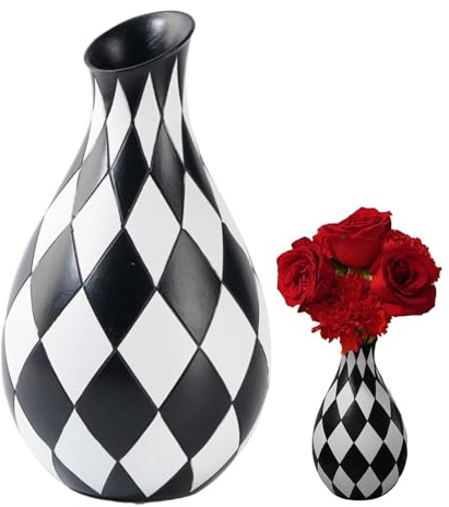 Vaso di fiori bianco e nero, vaso decorativo in resina con motivo a griglia - Centro moderno per tavolo - per soggiorno, sala da pranzo, ingresso, matrimonio, tavolo, cucina, bagno e ufficio