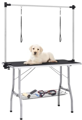 GeenYuu Tavolo da toelettatura regolabile per cani con 2 passanti e cestino, in acciaio inox e acciaio, 110 x 60 x 76 cm, pieghevole, superficie antiscivolo, ideale per la toelettatura del cane e la