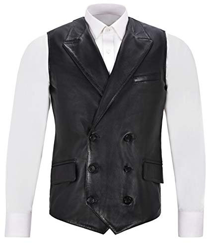 Herren Jude Dapper 1642 Style Feines italienisches Echt Lammfell Leder Zweireiher Revers Weste (3XL)