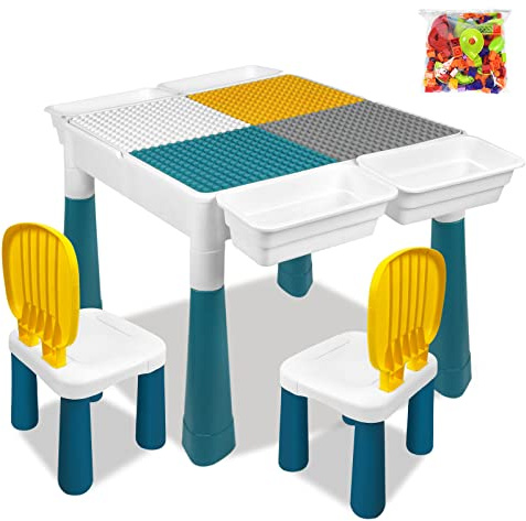 XMTECH 6-i-1 barnbord med stolsset, kompatibelt set för flera aktivitetsbord, pysselbord med 2 stolar och 163 byggklossar, multifunktionellt inlärnings- och lekbord med förvaring, gåva