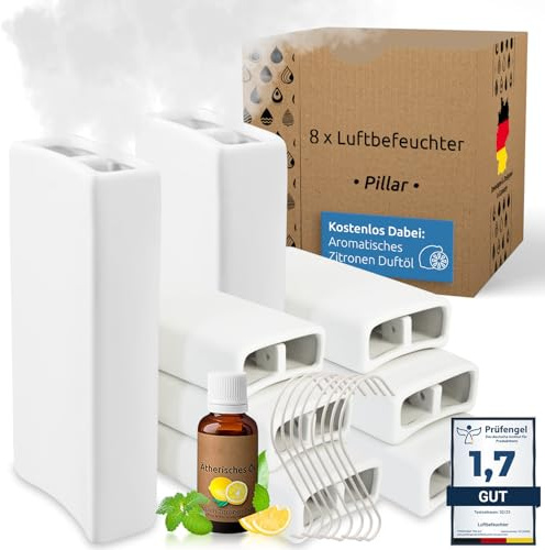Luftbefeuchter Heizung Keramik I Haken & Duftöl [8er Spar-Set, 400ml] I Wasserverdunster für Heizkörper mit Duft I Verdunster & Befeuchter Wasser Behälter | BURI, Heizkörperverdunster, Keramikbehälter, Metallhaken, Luftfeuchtigkeit, Winterzeit, Raumluft, Duftzusatz, nachhaltig