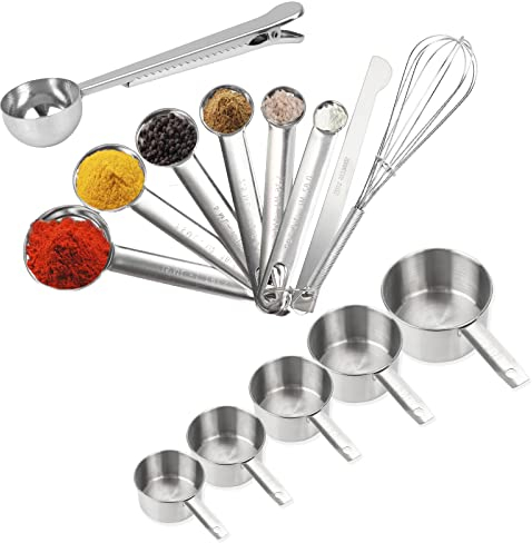 ProChosen Measuring Cups and Spoons Set, 14 PCS Premium Stainless Steel Measuring Spoons with Ruler Scoop/Clip/Whisk for Baking, Liquid and Solid Kitchen Tools for Cooking Baking