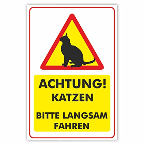 INDIGOS UG - Schilder - 297x210mm - Schild DIN A4 2 Stück - Achtung! Katzen bitte langsam fahren - Aluverbundplatte - für Garage, Hotel, Parkplatz, Schule, Carport, Firma