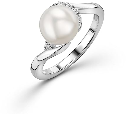 OROVI Damen Ring | 925 Sterling Silber | mit weißer Süßwasser-Zuchtperle von 8mm und 6 Zirkonias | hautfreundlicher Perlen Verlobungsring Silber | nachhaltiger, handgemachter Damen Schmuck