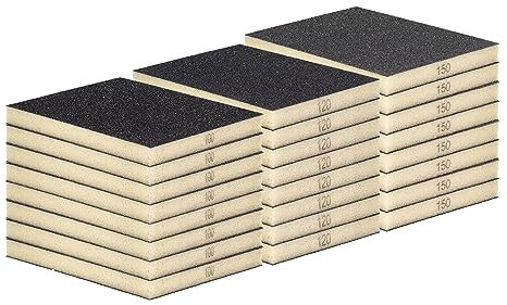 Schleifschwamm SET mittel bis feine Körnungen je 32 Stück Schleifschwämme K100, K120, und K150, also 96 Schleifklötze für Holz Lack Metall Trocken u. Nass Schleifen waschbar u. wiederverwendbar im Mix