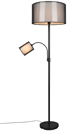 lightling Barto Stehleuchte mit Lesearm, Ø 45 cm, Höhe: 174 cm, Korpus schwarz matt Metall, Stoffschirm rauchfarbig, Innenschirm weiß, exkl. 1 x E27, max: 60W und 1 x E14, max: 40W