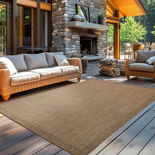 Carpetsale24 Tapis pour l'intérieur et l'extérieur - Résistant aux intempéries - 200 x 290 cm - Marron uni - Lavable, imperméable, facile d'entretien et tissé à plat - Idéal pour balcon, jardin