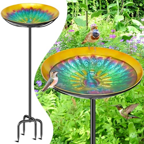 FaloStwer Vogeltränke Stehend Für Garten, 100cm Vogeltränke Winterfest Mit Erdspieß, Vogelbad Garten Stehend Frostsicher, Freistehend Metall Vogelbecken Schüssel Wassertränke (Pfauen, Blau)