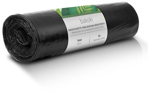 Bakoki Bolsas de basura de 160 l, extremadamente resistentes, extrafuertes, ideales para el hogar, el jardín y la empresa, rollo de 10 unidades, bolsas de basura resistentes para renovación y residuos