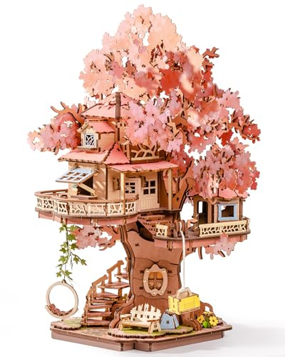 ROBOTIME DIY Miniature House Kits for Adults, 3D Wooden Puzzles for Teenager, Japanese Cherry Blossom Tree Sakura Bonsai Plants for Birthday Gifts and Hobbies (Sakura Tree House)