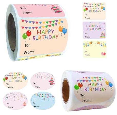 Lot de 500 Étiquettes Autocollantes, Étiquette Cadeau pour Cadeaux D'anniversaire, Autocollants Anniversaire D'étiquette Joyeux pour Fête, Fête Prénatale, 1.5 X 2 Inches