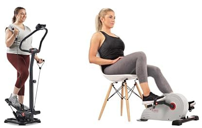 Sunny Health & Fitness Magnetic Under Desk Pedal Exerciser, Dual Function Mini Exercise Cycle Bike + 2-in-1 Power Stepper W/ Resistant Bands & Handlebar, Low-Impact Cardio, Adjustable, 150KG Max