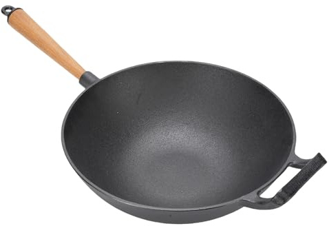 Kikumi Cast Iron Wok Pan Multifunktionell Stekpanna med Trähandtag för Induktionskokare Electric Ceramic Spis Gas Stovetop Open Fire