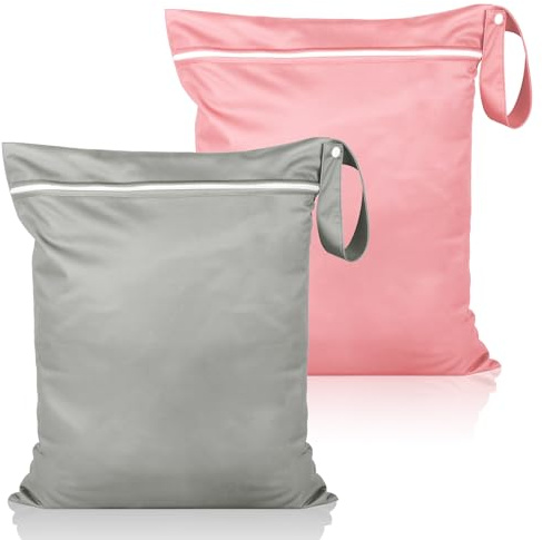 2 sacchetti bagnati, impermeabili, per nuoto, da viaggio, 36 x 30 cm, con chiusura lampo, per pannolini, costumi da bagno, teli da spiaggia sporchi (grigio + rosa)