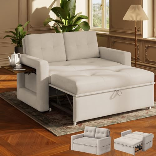 YOUDENOVA 3-i-1-bäddsoffa, fåtölj med loungefunktion, 2-sitssoffa för avkoppling med justerbart ryggstöd i 5 positioner, med bord och sidofickor, beige chenille