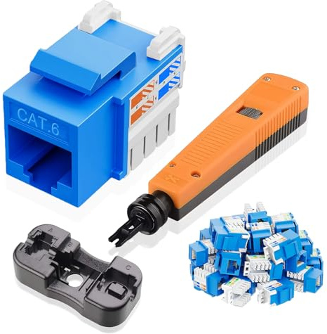 NataLink 10Gbps Cat6 Keystone Jacks 25-Pack, RJ45 Keystone Jack, Ethernet Keystone Jack in Blue with Punch-Down Tool and Punch-Down Stand for Wall Plate