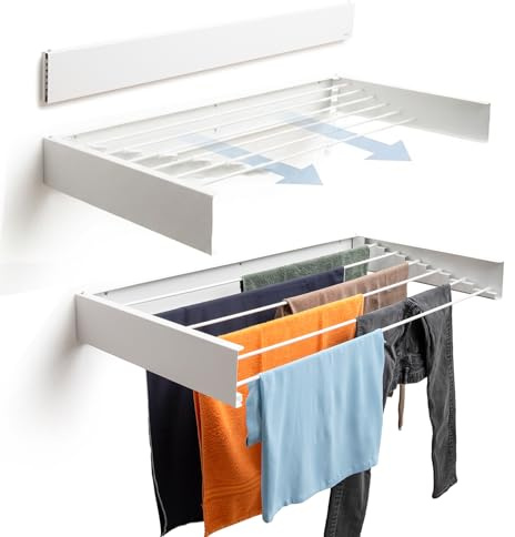 foxydry Hide, Stendino da muro, stendibiancheria da parete e da balcone, da esterno e interno a scomparsa, richiudibile (Bianco (Limited Edition), 117 cm)
