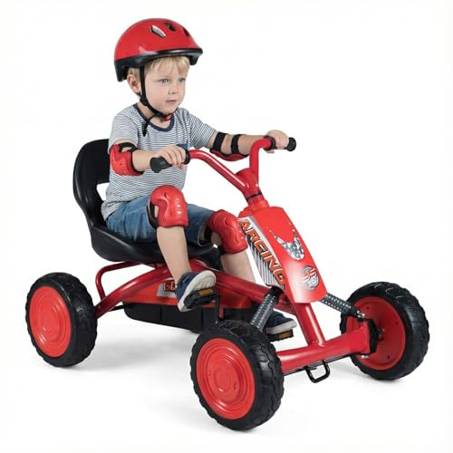 COSTWAY Go Kart a Pedali per Bambini, Veicolo a Pedali con Sedile Regolabile, 4 Ruote Resistenti, Macchina Elettrica per Bambini 3-8 Anni, Portata 30 kg (Rosso)