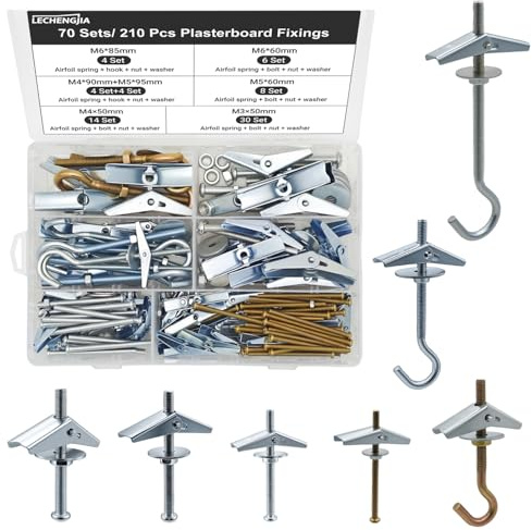 70 satser (210 stycken) vipppluggar, 4 storlekar fällbara pluggar, M3/M4/M5/M6 fjäderfällbara pluggar, galvaniserat kolstål expansionspluggar, hålighetsplugg metallset för gipsskivor och hålrumsväggar