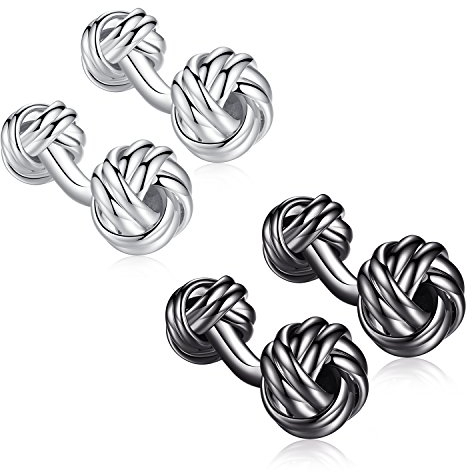 HONEY BEAR 2 Paar Herren Hochzeit Lieben Knoten Manschettenknöpfe Cufflinks Set Edelstahl Manschettenknopf, Silber Schwarz (mit Box)