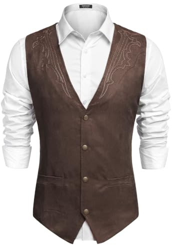 COOFANDY Men's Men's Suede Leather Vest down | Western Outfit, Cowboy Outfit, 2 Pockets, Button Closure, Lining, Soft, Wedding, Costume Party, Halloween, Cosplay