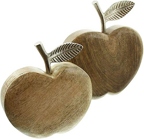 Dekoleidenschaft 2X Dekofigur Apfel aus Mango-Holz Natur & Aluminium in Silber, künstlicher Dekoapfel, Holzapfel, Figurenset