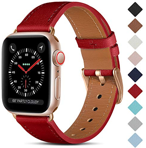 CeMiKa Bracelet en Cuir Compatible avec Apple Watch Bracelet 38mm 40mm 41mm 42mm 44mm 45mm 46mm 49mm, Cuir Véritable Bande pour iWatch Séries 10 9 8 7 6 5 4 3 SE, 38mm/40mm/41mm, Rouge/Or Rose