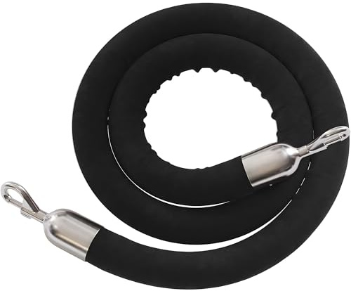 Montour Line Velvet Hanging Stanchion Rope Foam Core, 6 Foot Black Rope with Polished Stainless Steel Snap Ends