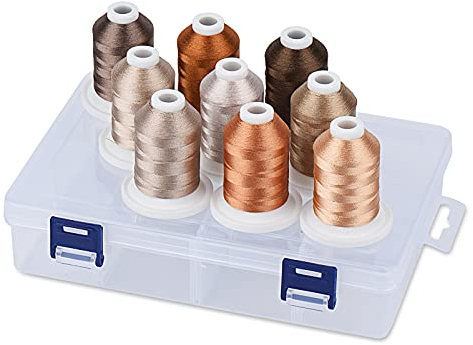 Simthread Polyester Maschinen Stickgarn mit Kunststoff-Aufbewahrungsbox, 9 Braun Farben, 800 Yards Schnappen Spulen, für professionelles Stickdesign