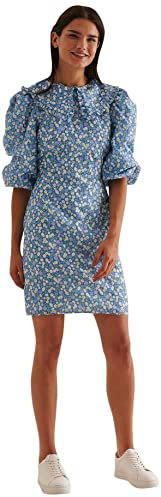 NA-KD Ballon Sleeve Mini Dress Vestido Informal, Flor Azul, 40 para Mujer