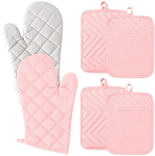 GROBRO7 6Pcs Cotton Oven Mitts and Pot Holders Set Heat Resistant Hot Pads Durable Pocket Pot Holder Machine Washable BBQ Gloves with Hanging Loop for Safe Kitchen Baking Cooking Grilling Pink