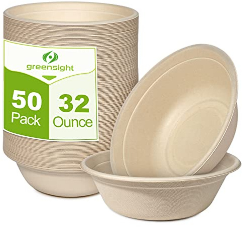 greensight Large Disposable Paper Bowls 32oz - 50 Pack Heavy Duty Compostable for Hot and Cold Food, Biodegradable Made of Sugarcane