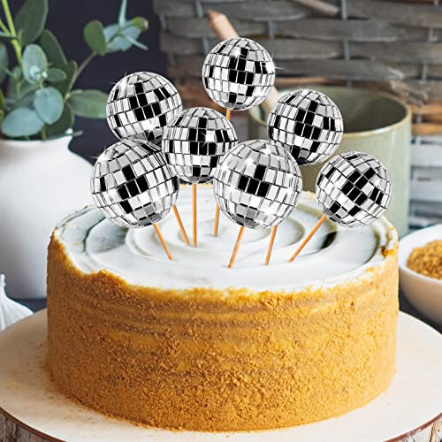 20PCS Disco Ball Cake Toppers, 70s Disco Themed Mini Disco Ball Cake Decoration Mirrior Ball Cupcake Topper Cake Picks for Birthday, Wedding, Disco Party Supplies By HIMM (1.2 Inch + 1.6 Inch)