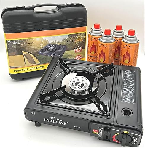 SMH LINE® Réchaud à gaz de camping avec 4x cartouches de gaz 227g, Réchaud de camping 1 flamme, avec mallette, Cuisinière de camping 1 flamme valise Cuisinière Table grill