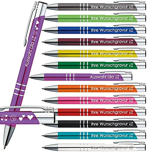 Generisch 10x Kugelschreiber mit Gravur | Emojis Gravur möglich | 13 Farben Auswahl | Personalisierte Werbekugelschreiber mit Wunschgravur | (Lila, 10 Stück)