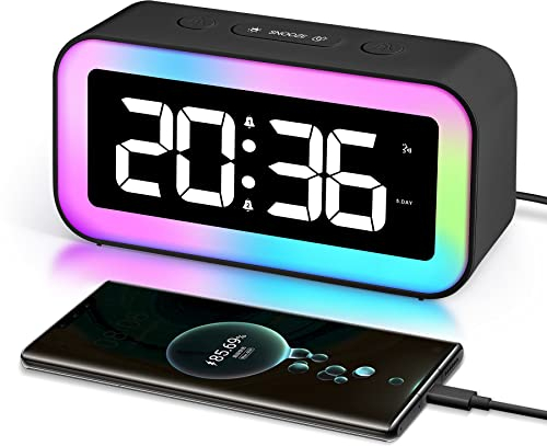 U-picks Alarm Clock for kids Adult,light alarm clock with Simple LED Display 8 RGB Night light & 7 RGB Digital,Adjustable Brightness,Dual Alarm,Voice Control,bedside alarm clock mains powered-Black